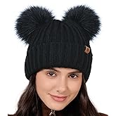 Creekstone Double Pom Pom Beanie Winter Hats for Women Girls, Warm Fleece Lined Beanie, Thick Knit Hat Faux Fur Bobble Hat