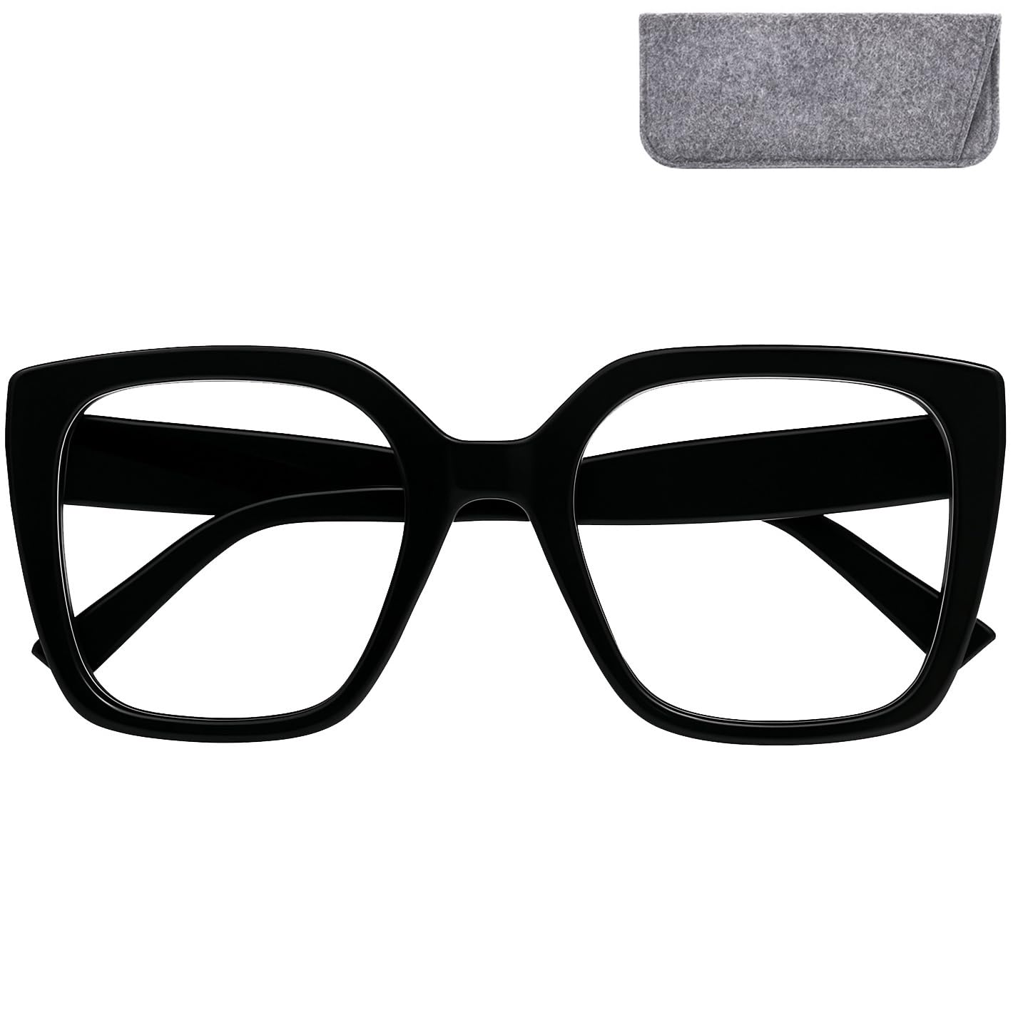 Mini Brille - Modern Computer Glasses Women with Thick Frame (Black) and Large Butterfly Square Scratch-Resistant Lenses, Case included, Blue Light Blocking Glasses Oversize + 2.50 Magnification