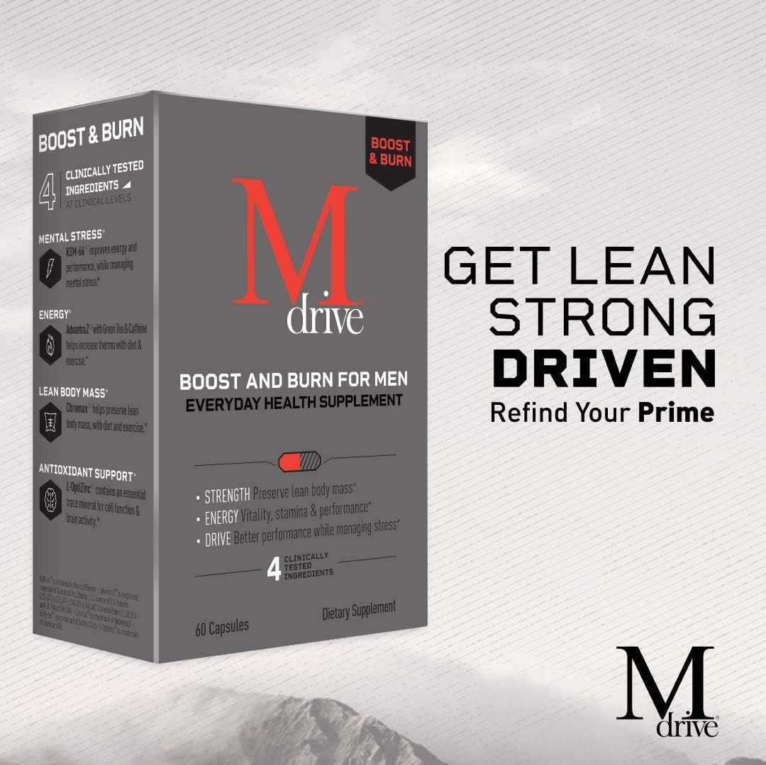 Mdrive Boost and Burn for Men, Zinc, KSM-66 Ashwagandha, Cordyceps, Advantra Z, Chromax - Natural Energy, Strength, Stress Relief, Lean Muscle, 60 Capsules: Health & Personal Care