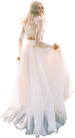 Boheme Robe Tenue De Mariee Pour Mariage 2 Pieces Longue Traine 2018 Col Rond Manche Longue Blanche Amazon Fr Vetements Et Accessoires