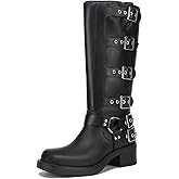 Athlefit Women's Knee High Riding Boots Fashion Buckle Square Toe Chunky Heel Wide Calf Biker Boots