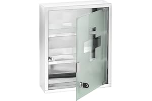 WENKO Medicine Cabinets with Lock, Wall Mounted Over The Toilet Storage Shelves, First Aid Bathroom Wall Cabinet with Safety Glass Door, Medium, 11.8 x 15.7 x 4.7 in, Silver Shiny