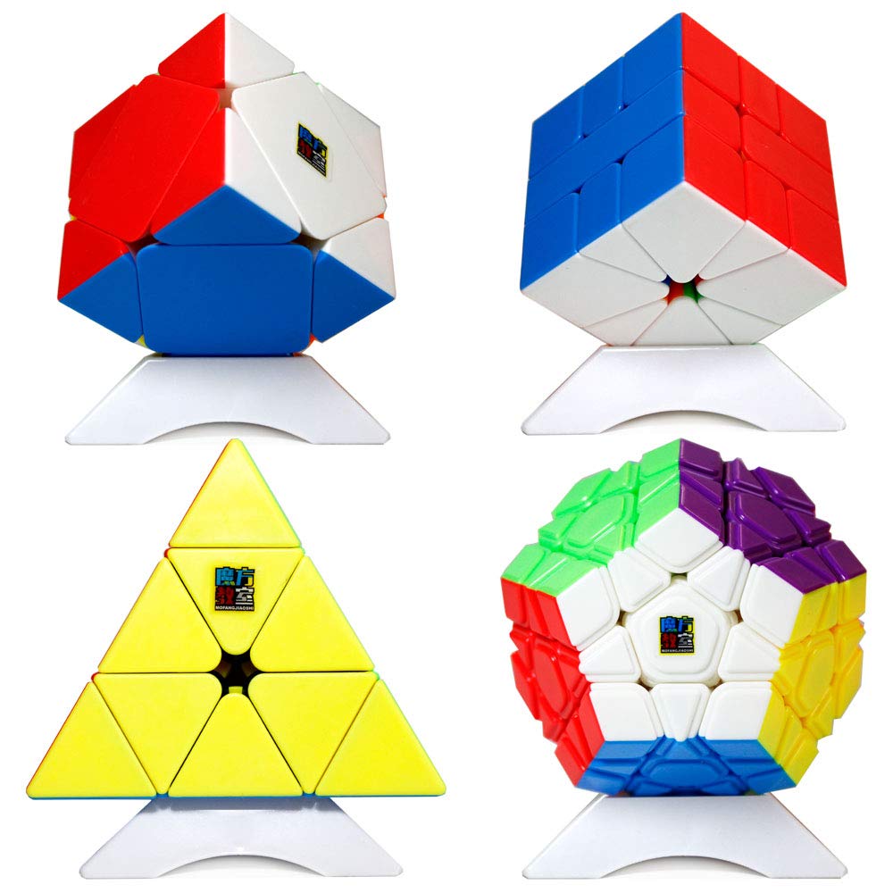 Oostifun MoYu MOFANGJIAOSHI CUBING CLASSROOM MFJS Meilong Series Bundle Megaminx & Skewb & Square-1 & Pyramid Bright Cube set with Gift Packing + Four Cube Tripods (Stickerless)