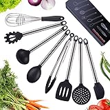 Silicone Kitchen Utensils Set, 8 Pieces Stainless Steel Handle, Cooking Utensil By SAVORLIVING Including Turner, Spaghetti Server, Skimmer, Serving Spoon, Spatula, Ladle, Food Tong, Whisk, 13.8