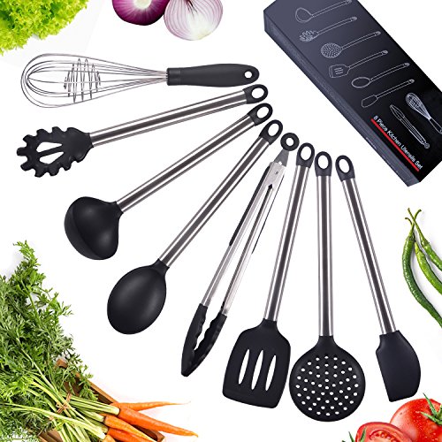 Silicone Kitchen Utensils Set, 8 Pieces Stainless Steel Handle, Cooking Utensil By SAVORLIVING Including Turner, Spaghetti Server, Skimmer, Serving Spoon, Spatula, Ladle, Food Tong, Whisk, 13.8