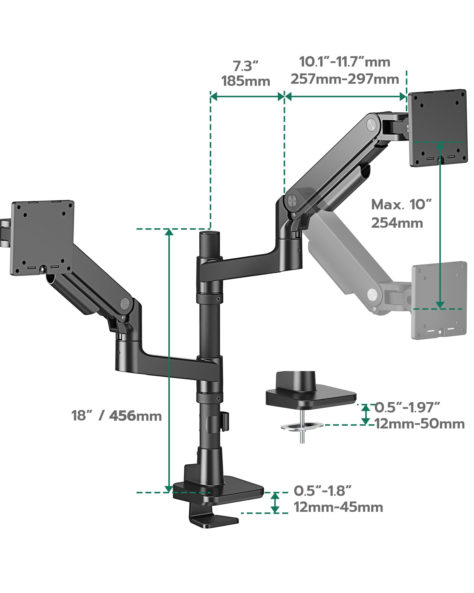 ARES WING Monitorhalterung 2 Monitore übereinander für 17-49 Zoll Flach & Curved Bildschirme, dual Monitor Halterung mit Gasfeder und USB A/C Port, Höhenverstellbar, Gewicht 2-20kg/arm,VESA 75 & 100 9