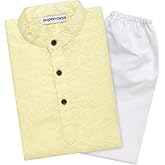 Superminis Baby Boys Ethnic Wear Colored Cotton Chikankari Kurta, Round Collar, Full Sleeves With White Pyjama