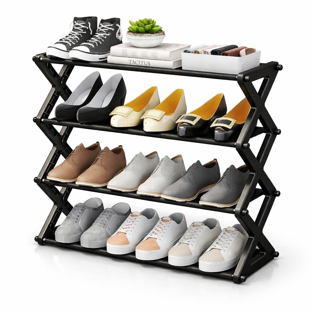 3 Tier Shoe Rack, Space Saving Shoe Storage Cabinet, Fits Up to 6 Pairs - Metal Storage Shoe Organizer, Durable & Easy to Assemble, Stackable Shoe Shelf, for Hallway, Living Room and Bedroom - Black