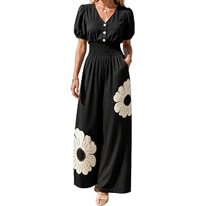 LOZ Women's Jumpsuits Short Sleeve Wide Leg Pants Rompers Floral Overalls | Dressy Jumpsuits For Women, Practical Pockets, V
