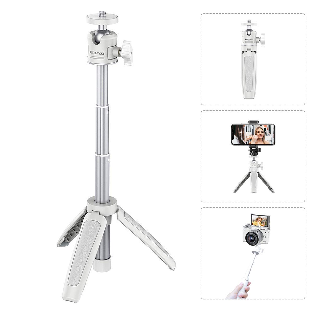 White Mini portable 1/4" Tripod, for Camera, Smartphone Clamp, Travel Vlog Must Have Accessories Extension Handle Grip