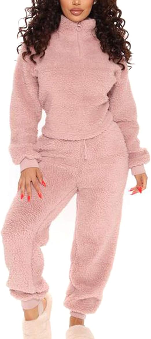 Womens 2 Piece Outfits WarmLong Sleeve Zipper Fuzzy Fleece Sweatpants