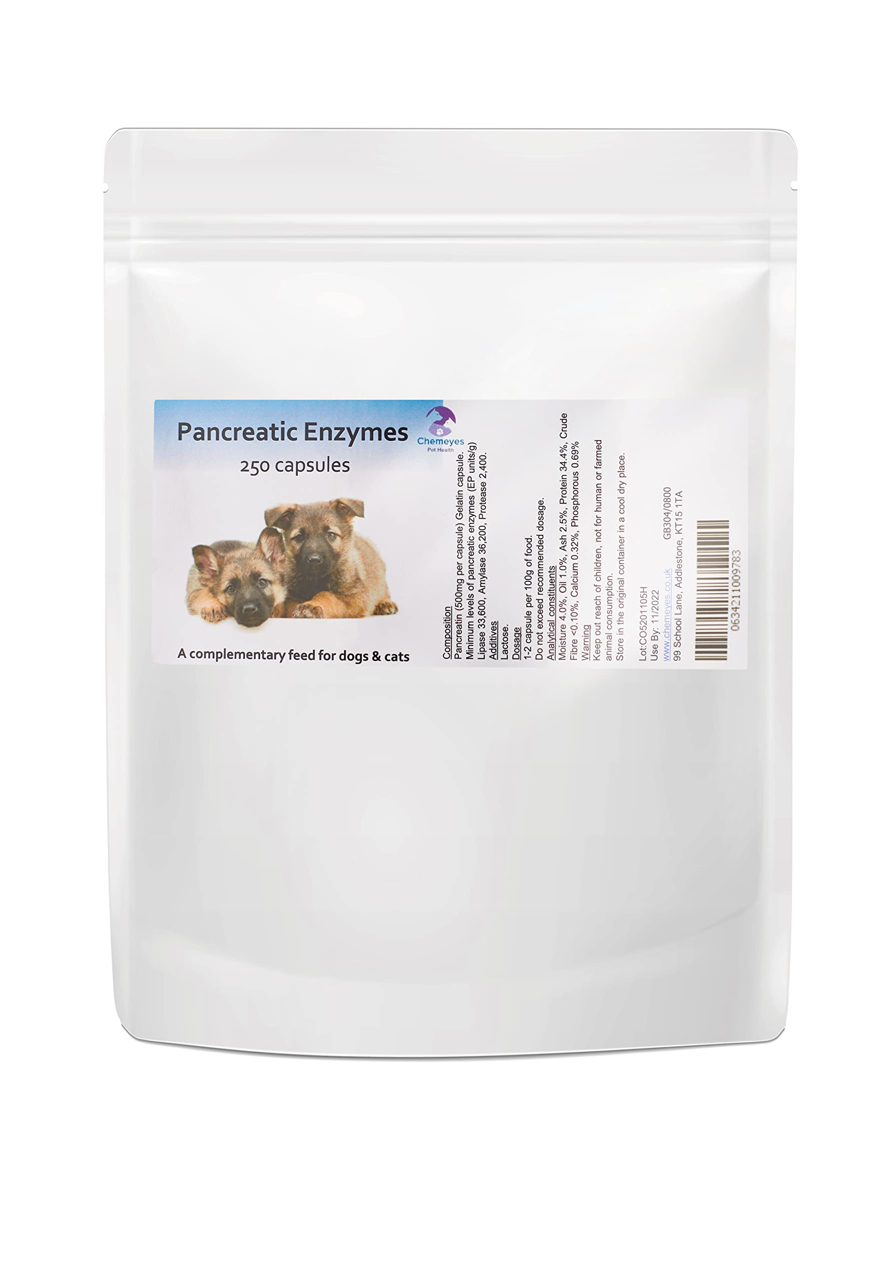 High Strength Pancreatic Enzyme Capsule for Dogs & Cats by Chemeyes - Digestive Enzyme Supplement with Amylase, Protease & Lipase - Pancreatin Supports Normal Digestion & Healthy Weight - 250 Capsules
