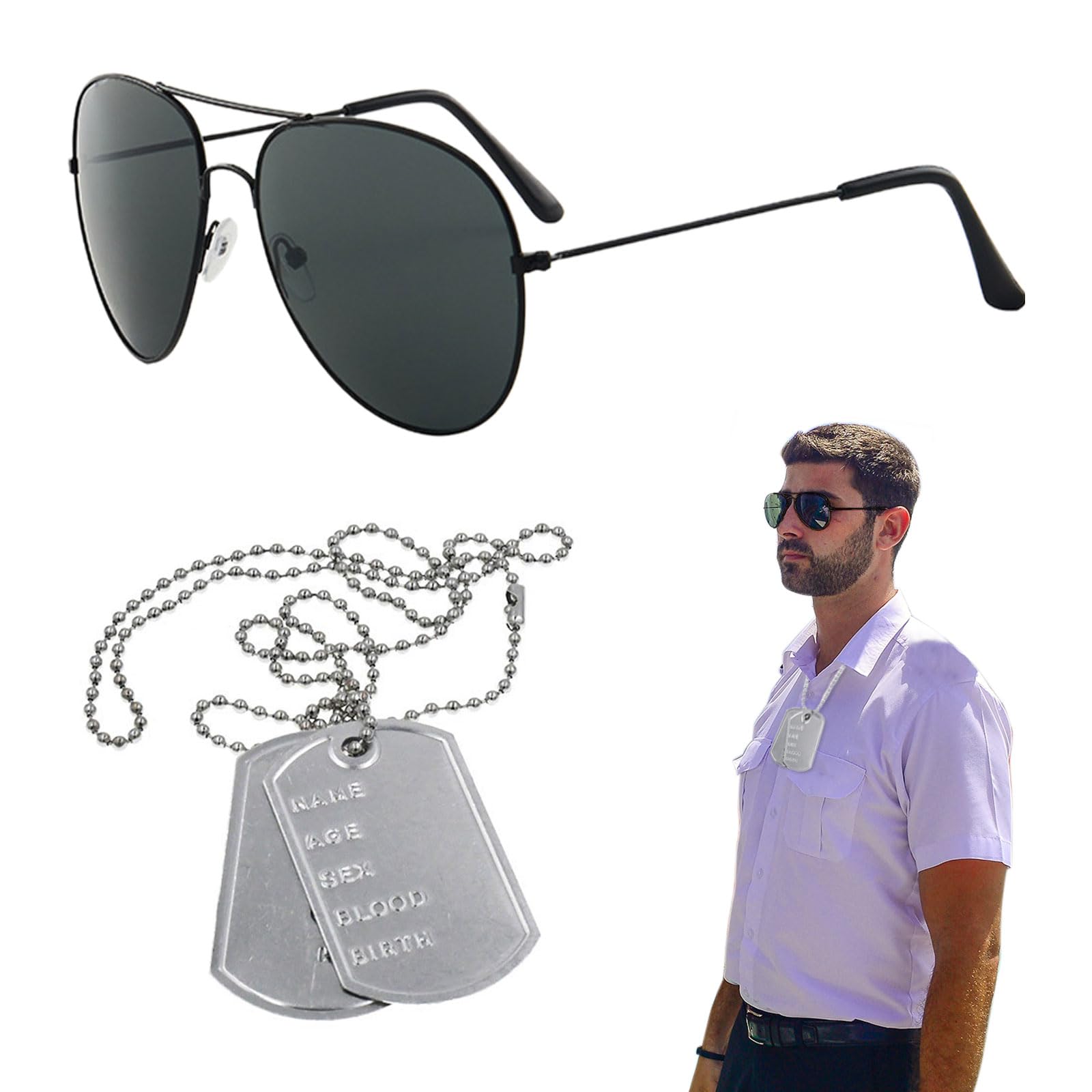 EUPSIIU 2 Pieces Aviators Glasses Pilot Fancy Dress Sunglasses and Dog Tag Solider Military Army Costume Aviators Accessories for Men Women Adults Cosplay Dress up Party Theme Halloween(Black)