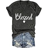 Blessed Shirts Women Cute Heart Graphic Tee V-Neck Short Sleeve Thankful T Shirt Casual Christian Religious Faith Top