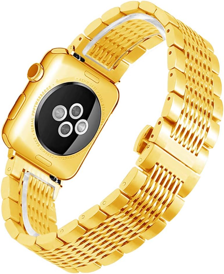 Kai Tian Solid 42mm 44mm 45mm 49mm Polished&Matte Mesh Watch Strap Compatible for Apple Watch Band Stainless Steel Replacement Bracelet for iWatch Series 7 6 5 4 3 2 1 Sport Gold