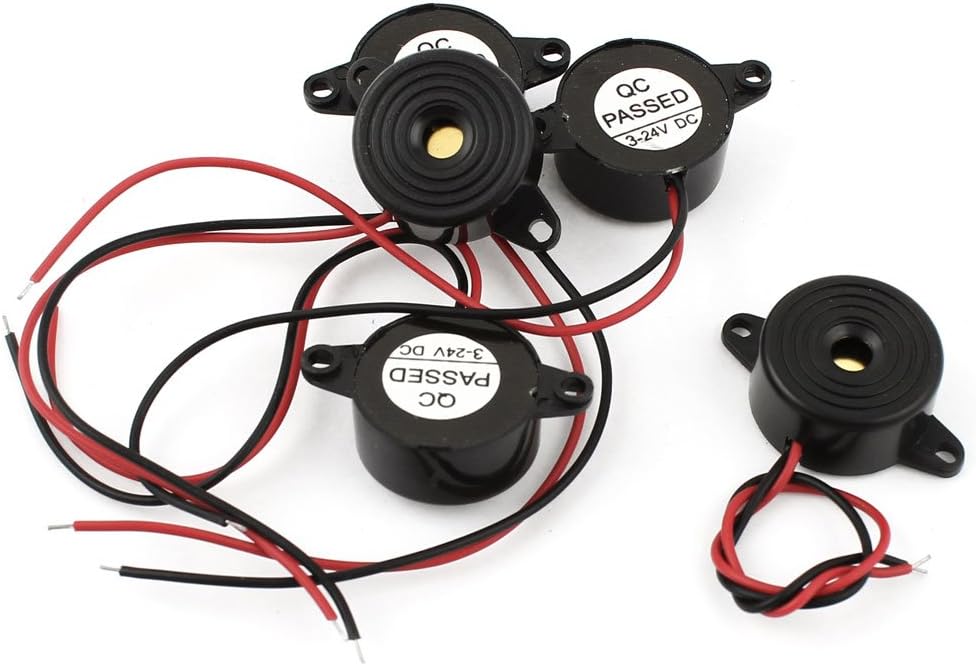 sourcing map 5Pcs DC3-24V Wire Leads Industrial Audio Electronic Alarm Buzzer with 5.3mm Hole, Black