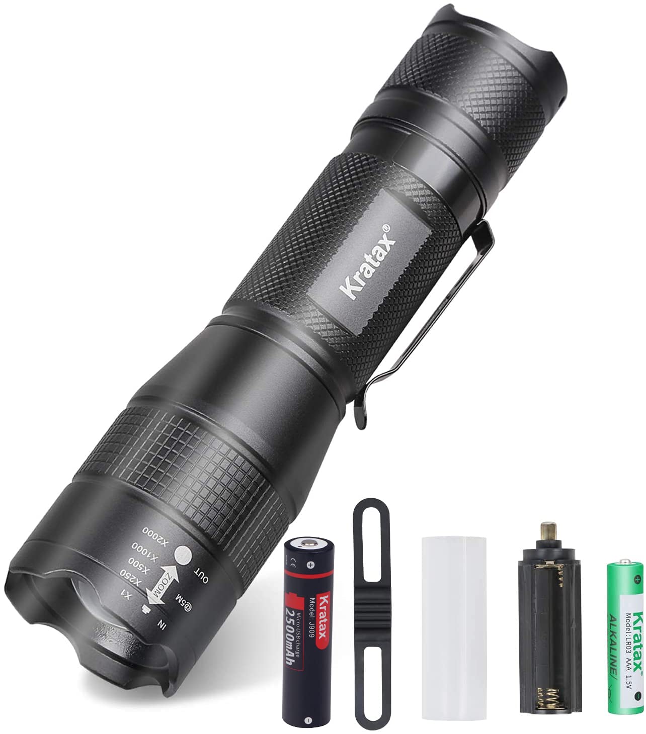 Kratax LED Torch UV Light 2 in 1 Torches,Super Bright USB Rechargeable Torch Tactical Flashlight,Adjustable Waterproof Small 4 Modes Torch Light for Camping Biking (18650&3AAA Batteries Included)
