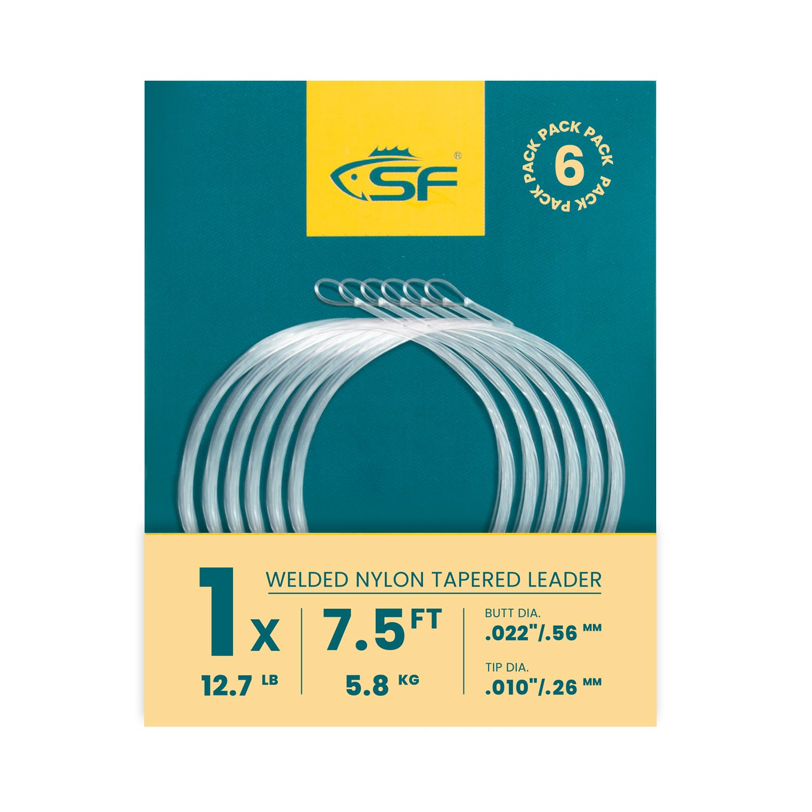 SF Welded Tapered Leader Fly Fishing with Loop Nylon 7.5ft Fishing Leader (1X 6 Pack)