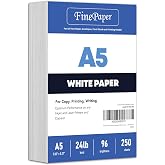 A5 Premium Multi Purpose White Paper - 24 lb (90 GSM) | For Copy, Printing, Writing | 5.83" x 8.27" inches (148 x 210 mm - Half of A4) | Full ream of 250 Sheets