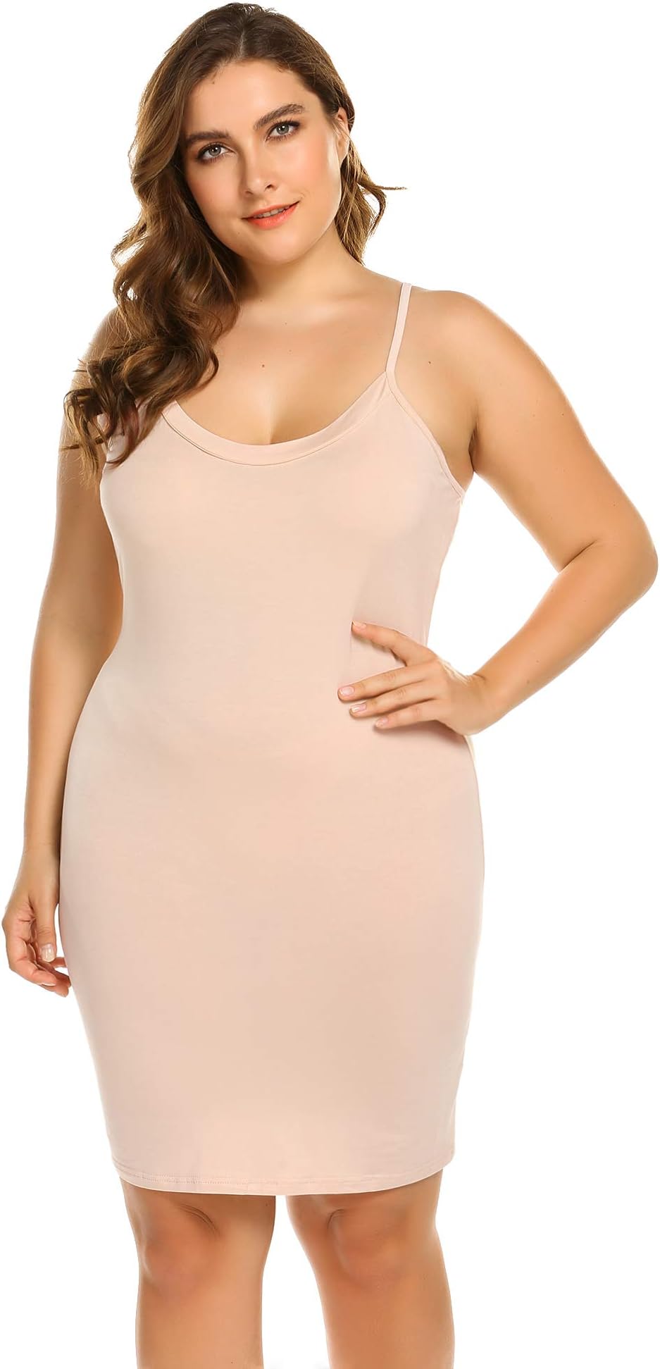 IN'VOLAND Women Full Slips Sexy Chemise Nightgown V Neck Straight Dress Nightwear (Light Khaki, 16 Plus)