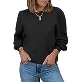 Saodimallsu Womens Puff Long Sleeve Sweaters Fall Crew Neck Cozy Soft Knit Loose Casual Pullover Tops