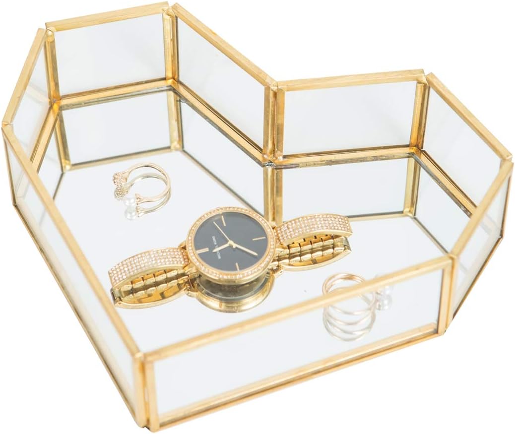 UtopzGolden Glass Jewelry Tray, Small Jewel Display Box Clear Glass Case Organizers Lidded Treasure Box Perfect for Desktop, Dresser, Bathroom and Home Decor, Gold Brass Edge, Nice Gift, Heart-Shaped