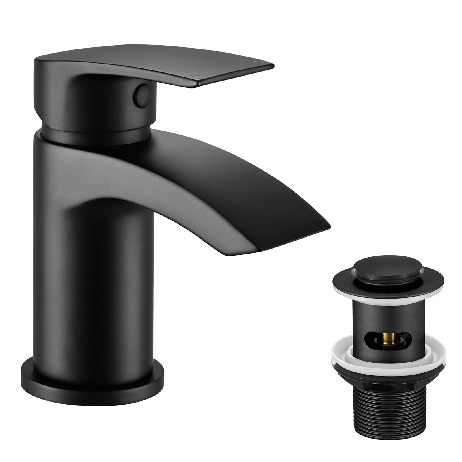 Basin Mixer Taps Waterfall Black with Slotted Pop-up Waste Bathroom Sink Tap Mixers Mono 1 Hole Single Lever Modern with G1/2'' Hoses Round Cloakroom Taps Hot and Cold Water Mixer