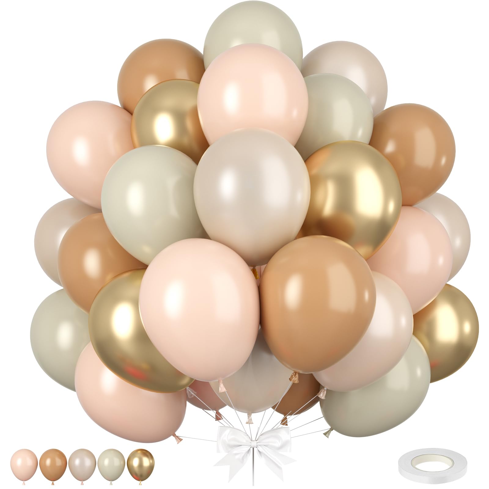 Nude White Gold Balloons, 50pcs Beige Neutral Balloons, Retro Nude Cream White Double Stuffed Gold Balloons for Boho Wedding Birthday Party Bachelorette Baby Shower Gender Reveal Decorations