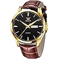 OLEVS Watches for Men Brown Leather Gold Case Analog Quartz Fashion Business Dress Watch Day Date Luminous Waterproof Casual Male Wrist Watches