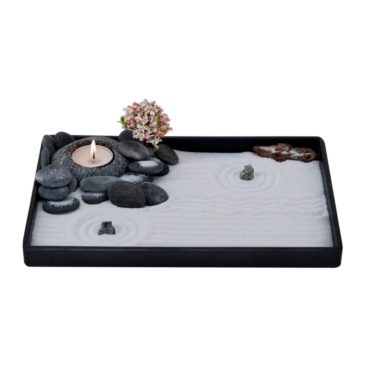 ICNBUYS Handmade Zen Garden Pebble Tealight Candle Holder Set Quiet Spring with Free Zen Garden Tools, Sand, Base Tray and Accessories