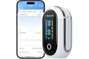 Rechargeable Pulse Oximeter Fingertip, Vibeat S6W Bluetooth O2 Monitor Finger with Real-Time Blood Oxygen Saturation & Heart Rate Tracking, Batteries and Lanyard Included
