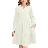 Girls Fall Knit Dresses V Neck Long Puff Sleeve Dress Ruffle Hem with Pockets 6-14 Years