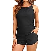 Tankini Bathing Suits with Shorts - High Neck Tankini Swimsuits Two Piece with Two Side Pockets Tummy Control Swimwear 2025
