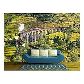 Glenfinnan Railway Viaduct in Scotland with The Jacobite Steam Train Passing Over - Removable Wall Mural | Self-Adhesive Large Wallpaper - 66x96 inches