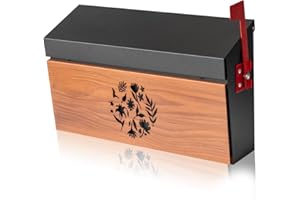 Ydocabinit Wall Mount Mailbox, Large Capacity Mailbox for House Outside with Flag Kit Galvanized Steel Rust-Proof Metal Post Drop Box, 15.74"×9.84"×4.33" Flower Hollowed Wooden Patterned Metal Sheet