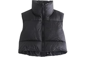 Shiyifa Women's Fashion High Neck Zipper Cropped Puffer Vest Jacket Coat