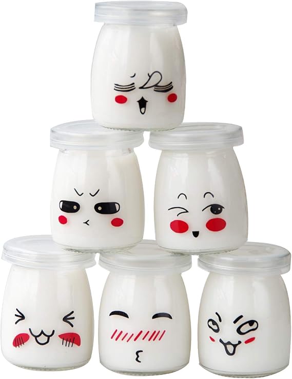 Pots Pour Yaourt Ou Creme Dessert En Verre Avec Decor Emoticone Et Couvercles Contenance 100 Ml Amazon Fr Cuisine Maison