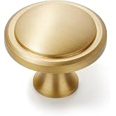 KOPPALIVE 10-Pack Solid Brass Cabinet Knobs, Round Gold Knobs for Dresser Drawers, Brushed Brass Dresser Drawer Pulls Handles, Hardware for Kitchen Cabinets, Diameter 1-1/4 Inch