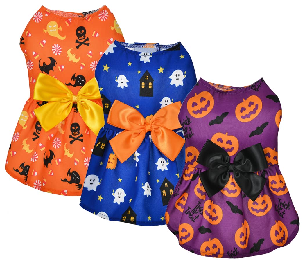 XIAOYU 3 Pieces Halloween Dog Dress, Puppy Dog Holiday Party Costume, Skeleton/Ghost/Pumpkin Skirts, Dog Clothes Dresses for Small Dog Cat, XL