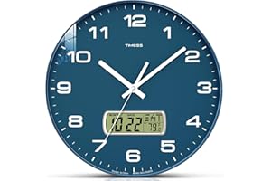 TIMESS Wall Clock, 13" Dial Non-Ticking Silent Battery Operated Analog with LCD Display for Perpetual Calendar and F° Temperature, Ideal Modern Home, Office Decor (Blue)