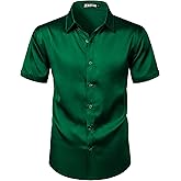 ZEROYAA Men's Hipster Shiny Silk Satin Shirt Regular Fit Short Sleeve Casual Button Down Dress Shirts for Summer Party