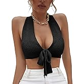 Amarmia Women's Sexy Deep V Neck Crop Tops Halter Knit Ribbed Bow-Knot Front Backless Cleavage Cropped Tank Top