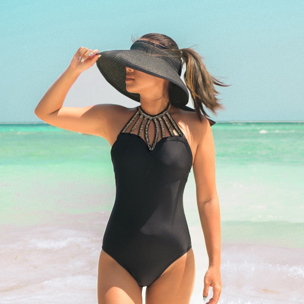 Yonique One Piece Halter High Neck Hollow Out Monokini Swimsuit Tummy Control Bathing Suit Black XL