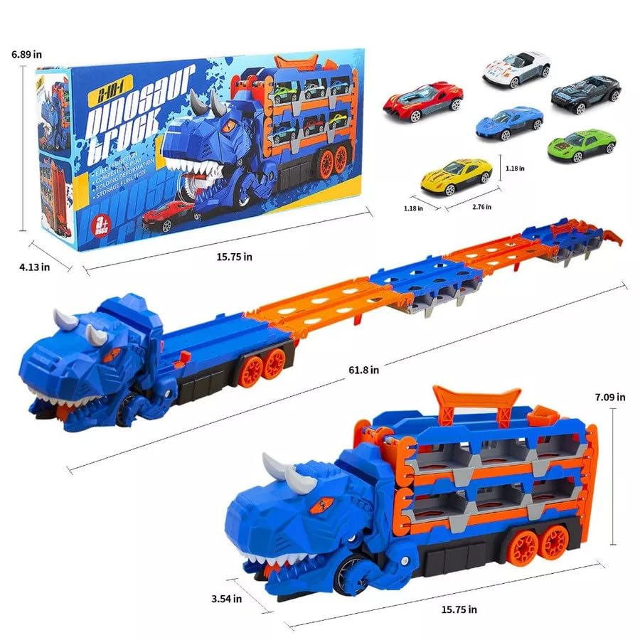 Caminhão Dinossauro 3 em 1 com Pista Dupla Dinossauro Brinquedo que Engole Carrinhos e Vira Pista de Corrida, Acompanha 4 Carrinhos de Metal, Ideal para Aniversário, Natal e Dia das Crianças