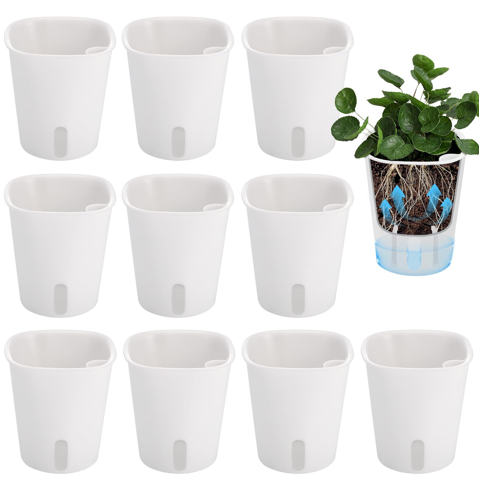 Huiguli Self Watering Plant Pots, 10 Sets 7.5cm Windowsill Flowers Pots, Water Storage Planter with Visual Water Level Window, Flower Planter with Cotton Rope for Indoor Outdoor, Whit
