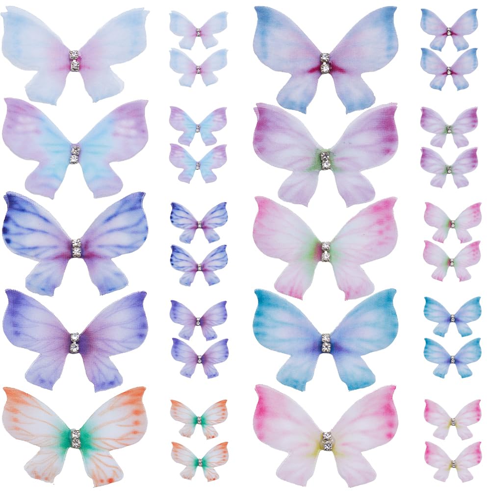 SUNNYCLUE 1 Box 100Pcs Butterfly Charms Bulk Light Weight Colorful Wing Charm Double Layered Organza Fabric Butterflies Wings Rhinestone Nail Art Butterfly for Jewellery Making