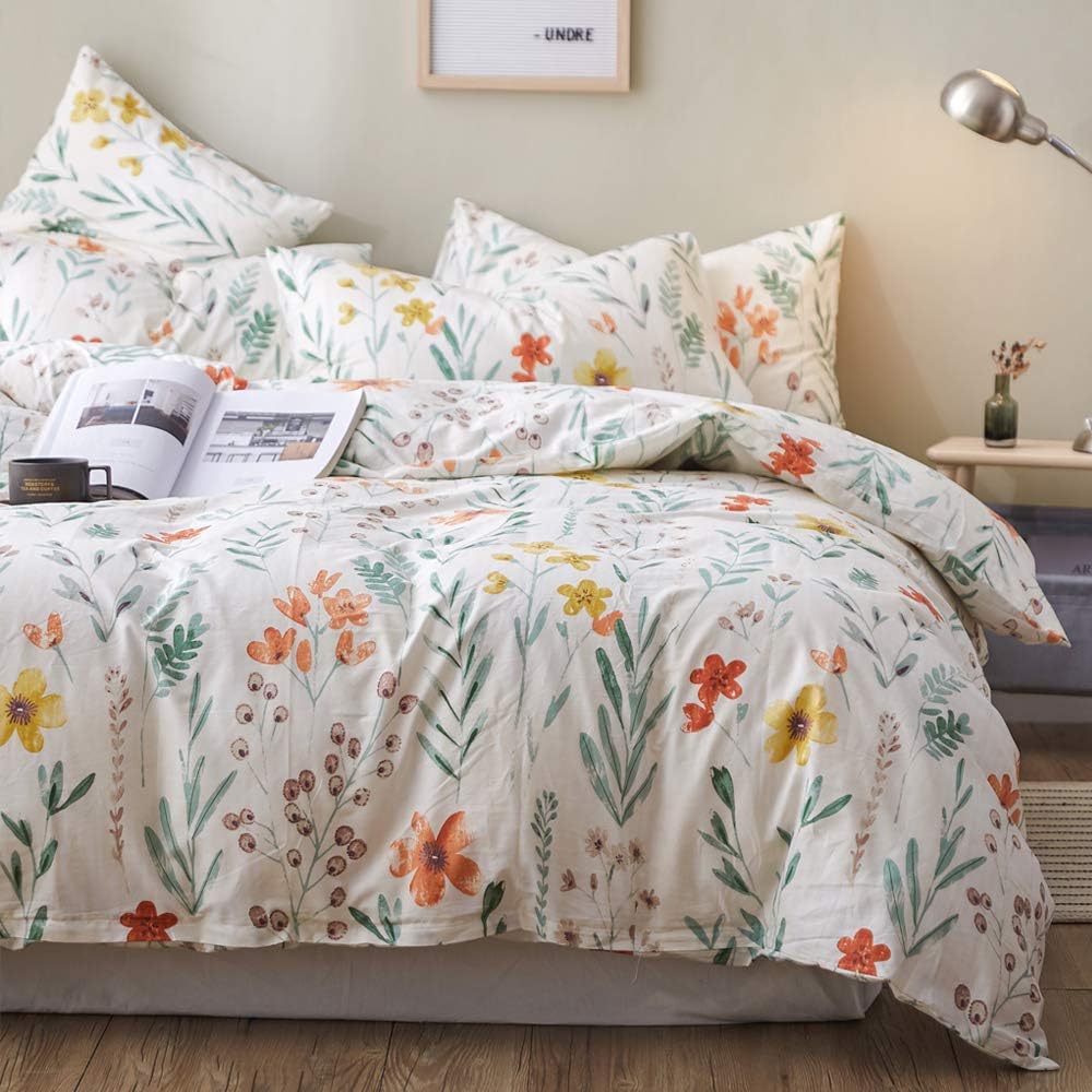 VM VOUGEMARKET Floral Duvet Cover Set Twin,Colorful Flower Printed Comforter Cover with Zipper Closure,Cotton Lightweight Garden Style Bedding Set for Teens Girls