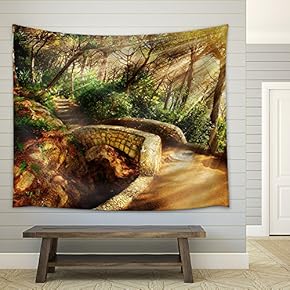 Mystical Park Old Trees and Ancient Stone Bridge Pathway - Fabric Wall Tapestry Home Decor - 51x60 inches