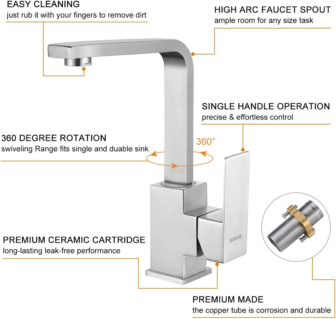 WOWOW Bar Faucets Stainless Steel Modern Bar Sink Faucet Single Hole Prep Kitchen Faucet Brushed Nickel Single Handle Lavatory Sink Faucet Mixer Small Kitchen Tap - - 