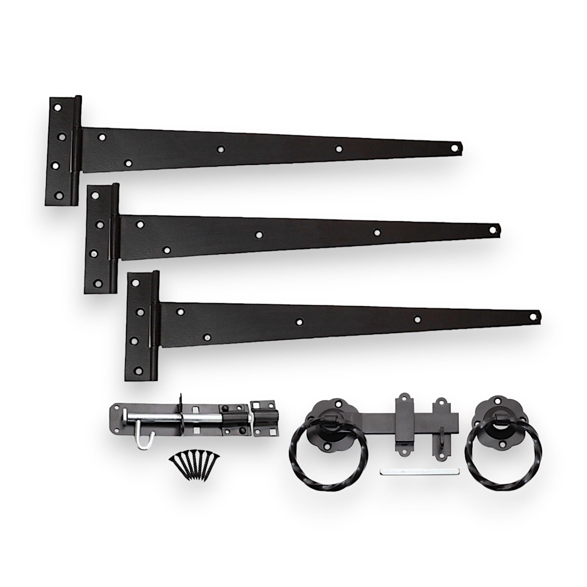Infinity Decor Epoxy Black 18” Tee Hinges (3) with Twisted Ring Gate Latch and Brenton Bolt Pack – Ideal for Garden Gate Fitting Kit for Barn, Shed Doors